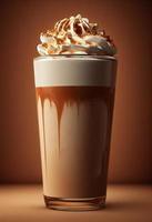 3d rendering of layered pumpkin spice latte in glass cup photo