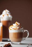 3d illustration pumpkin spice latte in glass cup with whipped cream