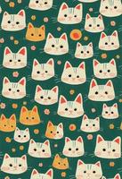 Seamless pattern of cute cat faces on dark green background photo