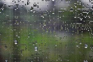 Background image of rain drops on a glass window, which is protected by a mosquito net. Macro photo with shallow depth of field