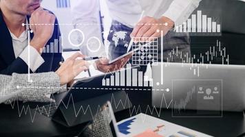 Intelligence and business analytics with key performance indicators dashboard concept.StartUp Programming as Fintech concept.Business team meeting. Photo professional investor  at office