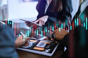 Two stock traiders making analysis of digital market and investment in block chain crypto currency. Stock trade concept photo