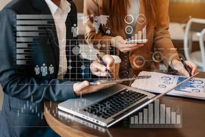 Business Analytics concept. business team hands working with provide information for Key Performance Indicators and marketing analysis onn virtual computer photo