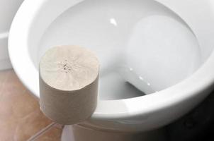 A roll of gray toilet paper lies on a white ceramic toilet in the bathroom photo
