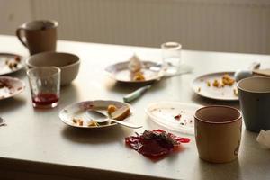 Empty dirty plates with spoons and forks on the table after meal. Banquet ending concept. Unwashed dishes photo