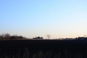 Dawn in the village. A minimalistic photo with a horizon line on which there is an apartment house and a tree