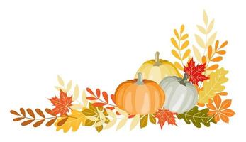 Illustration of pumpkins and leaves in warm Autumn colours. Set of isolated objects on white background. Thanksgiving, Halloween, Harvest celebration use, cards design, scrapbooking, textile. vector