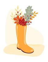 Clipart illustration of rain rubber boot with Autumn leaves and berries inside. Elements isolated on a white background. Design for Autumn, Harvest, Thanksgiving celebration, greeting card, scrapbook. vector