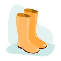 Autumn rain rubber boots. Isolated yellow pair of boots on a white background. Autumn, wet and cosy weather. Illustration for gardening, fall design, cards, scrapbooking, presentation or textile. vector