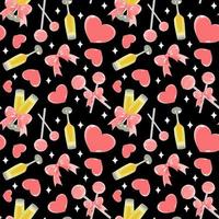 Seamless holiday pattern with valentines decorations, lollipops, champagne, and hearts in flat technique vector