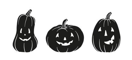 Set of different pumpkins. Main symbol of Halloween. Black pumpkins with various funny faces. Template for your design. Hand drawn trendy Vector illustration. All elements are isolated.