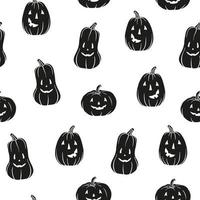 Pattern pumpkins. Main symbol of Halloween. Black pumpkin with various funny faces. Template for your design. Hand drawn trendy vector seamless pattern. Square background, wallpaper