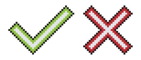 Check mark and cross mark. Tick and cross sign with pixel art. Vector illustration.