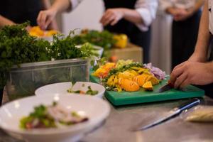 team cooks and chefs preparing meal photo