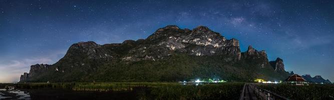 galaxia de la vía láctea y estrellas en el cielo nocturno desde el parque nacional khao sam roi yod, tailandia foto