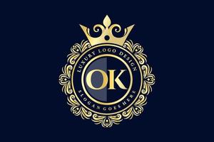 OK Initial Letter Gold calligraphic feminine floral hand drawn heraldic monogram antique vintage style luxury logo design Premium Vector