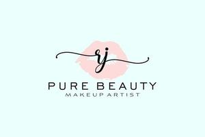 diseño de logotipo prefabricado inicial de labios de acuarela rj, logotipo para marca comercial de artista de maquillaje, diseño de logotipo de boutique de belleza rubor, logotipo de caligrafía con plantilla creativa. vector