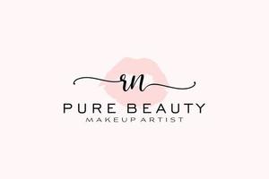 diseño de logotipo prefabricado inicial de labios de acuarela rn, logotipo para marca comercial de artista de maquillaje, diseño de logotipo de boutique de belleza rubor, logotipo de caligrafía con plantilla creativa. vector