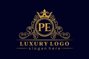 PE Initial Letter Gold calligraphic feminine floral hand drawn heraldic monogram antique vintage style luxury logo design Premium Vector