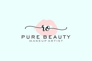 diseño de logotipo prefabricado inicial de labios de acuarela ro, logotipo para marca comercial de artista de maquillaje, diseño de logotipo de boutique de belleza rubor, logotipo de caligrafía con plantilla creativa. vector