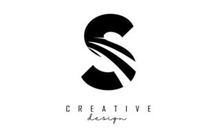 Black letter S logo with leading lines and negative space design. Letter with geometric and creative cuts concept. vector