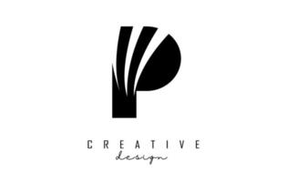 Black letter P logo with leading lines and negative space design. Letter with geometric and creative cuts concept. vector