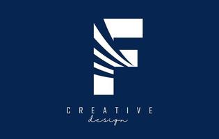 White letter F logo with leading lines and negative space design. Letter with geometric and creative cuts concept. vector