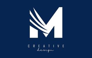 White letter M logo with leading lines and negative space design. Letter with geometric and creative cuts concept. vector