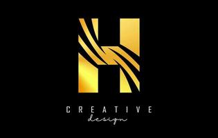 Golden letter H logo with leading lines and negative space design. Letter with geometric and creative cuts concept. vector