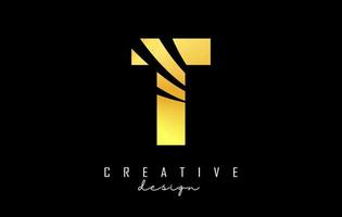 logotipo de la letra dorada t con líneas principales y diseño de espacio negativo. carta con concepto de cortes geométricos y creativos. vector