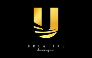 Golden letter U logo with leading lines and negative space design. Letter with geometric and creative cuts concept. vector