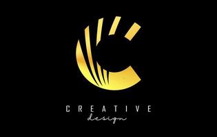 Golden letter C logo with leading lines and negative space design. Letter with geometric and creative cuts concept. vector
