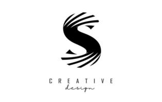 Black letter S logo with leading lines and negative space design. Letter with geometric and creative cuts concept. vector