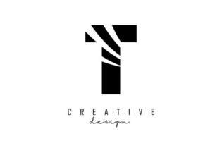Black letter T logo with leading lines and negative space design. Letter with geometric and creative cuts concept. vector