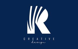 White letter R logo with leading lines and negative space design. Letter with geometric and creative cuts concept. vector