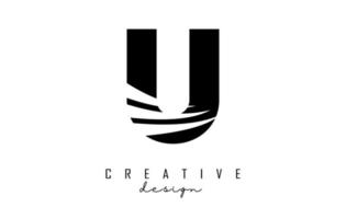 Black letter U logo with leading lines and negative space design. Letter with geometric and creative cuts concept. vector