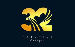 Golden Creative number 32 3 2 logo with leading lines and road concept design. Number with geometric design. vector