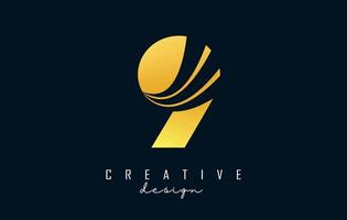 Golden Creative number 9 logo with leading lines and road concept design. Number with geometric design. vector