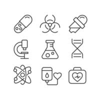 Science related pixel perfect linear icons set. Medicine and biology. Healthcare research. Medical tests. Customizable thin line symbols. Isolated vector outline illustrations. Editable stroke