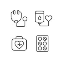 Hospital treatment pixel perfect linear icons set. Blood donation and transfusion. Medication. First aid kit. Customizable thin line symbols. Isolated vector outline illustrations. Editable stroke