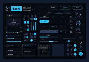 Basic system management UI elements kit. Editable isolated vector components. Navigation menu. Web design pack for mobile app, software with dark theme