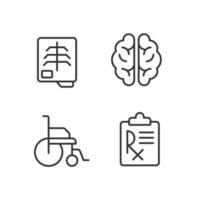 Treatment pixel perfect linear icons set. Medical checkup and tests. Recovery clinic. Healthcare service. Customizable thin line symbols. Isolated vector outline illustrations. Editable stroke