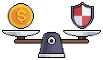 escalas de arte de píxeles con moneda y escudo, icono de vector de comparación de dinero y seguridad para juego de 8 bits sobre fondo blanco