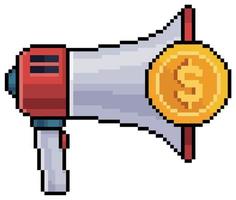 Pixel art megaphone with coin and money vector icon for 8bit game on white background