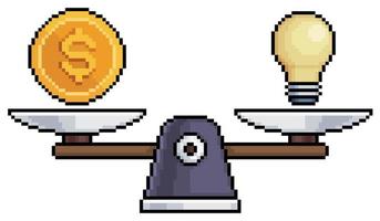 Pixel art scales with coin and light bulb, money and ideas vector icon for 8bit game on white background