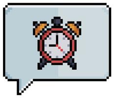 burbuja de voz de pixel art con icono de vector de icono de reloj de alarma para juego de 8 bits sobre fondo blanco