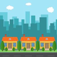 Vector city with cartoon houses and buildings. City space with road on flat syle background concept. Summer urban landscape. Street view with cityscape on a background