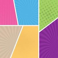 Colorful comic book page background in pop art style. Empty template with rays and dots pattern. Vector illustration