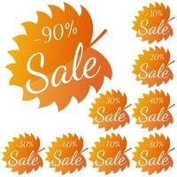 Set of autumn yellow-red leaves with inscription Sale. Discounts from 10 to 90 percent. Vector illustration.