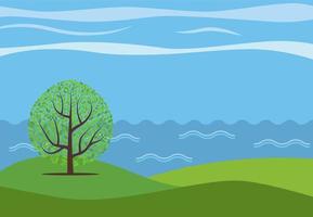 Vector panoramic cartoon landscape with the lonely tree against the see.
